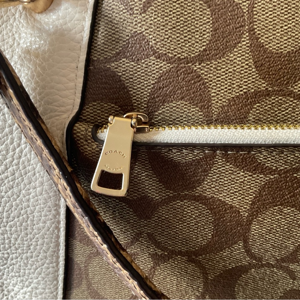 Coach Beige Signature Tote w/ Leather Trim & 40” Removable Strap - Picture 8 of 11